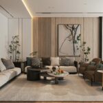 Sophisticated living room interior with modern furniture and abstract artwork.